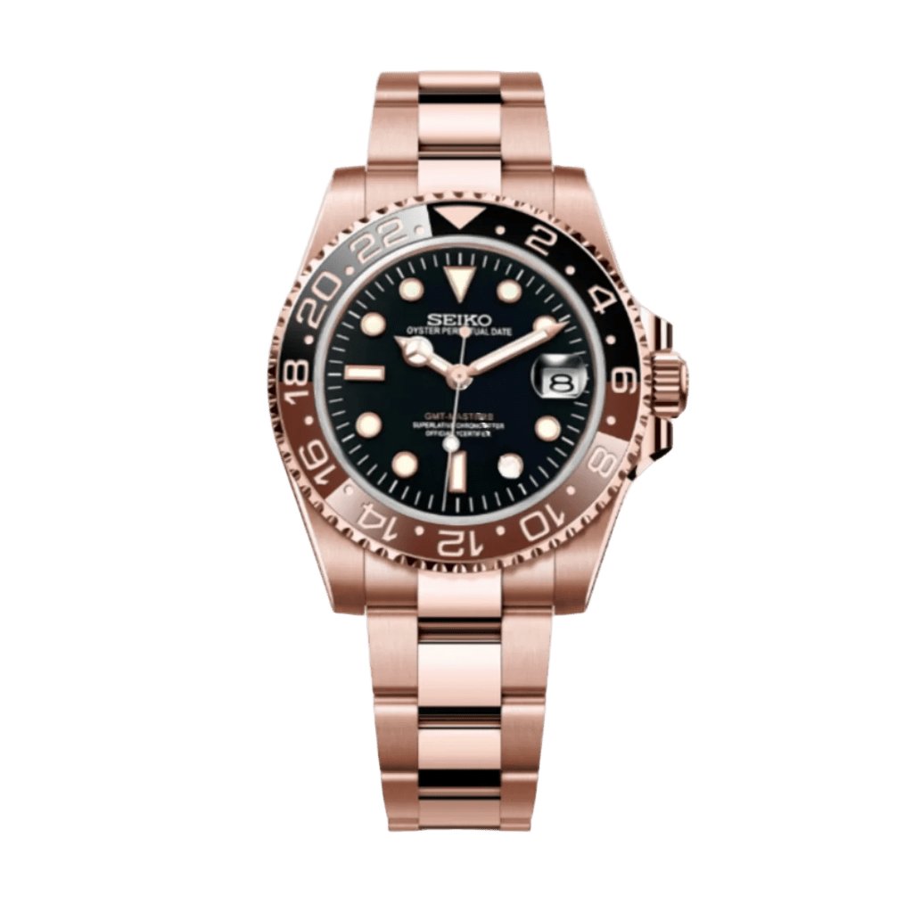 GMT Mod – Rose Gold · Brown-Black Bezel · Oyster – 40mm – Automatic GMT — with Seiko logo