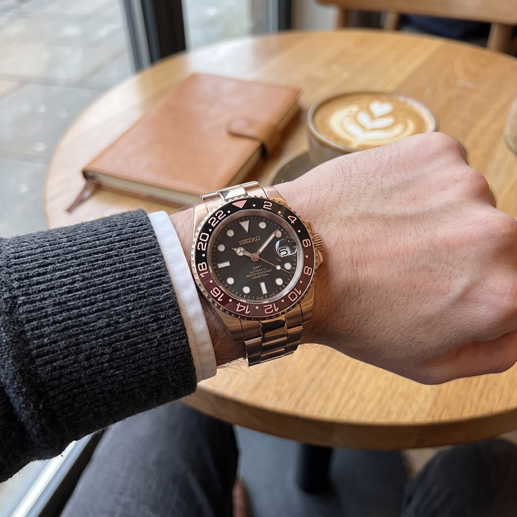 GMT Mod – Rose Gold · Root Beer Bezel – 40mm – Automatic GMT – on-wrist view