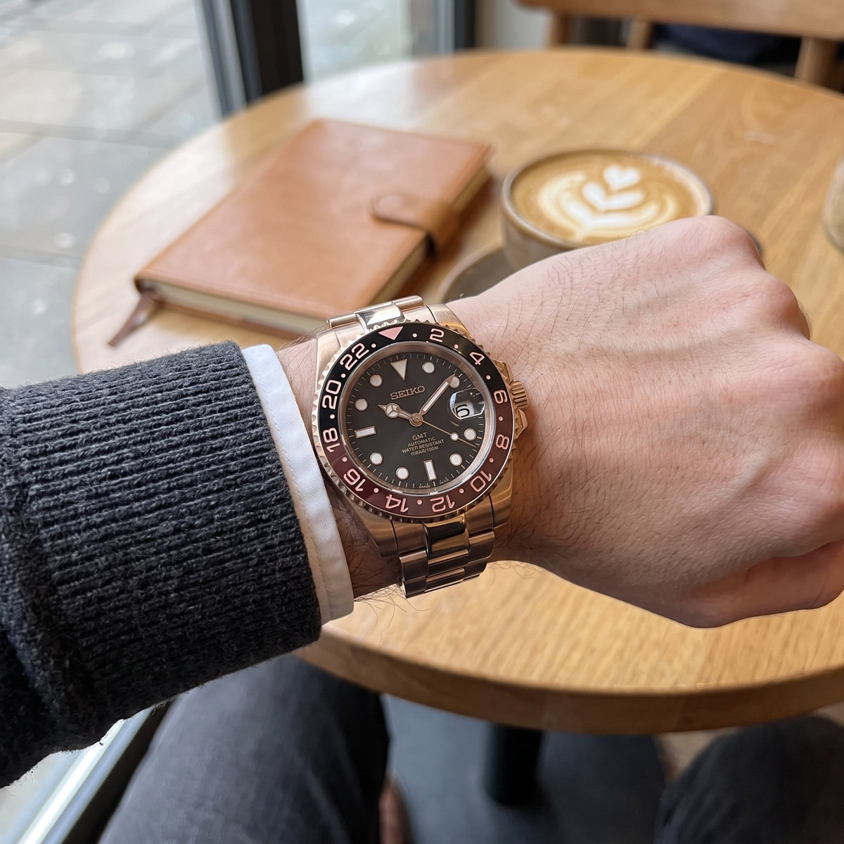 GMT Mod – Rose Gold · Root Beer Bezel – 40mm – Automatic GMT – on-wrist view