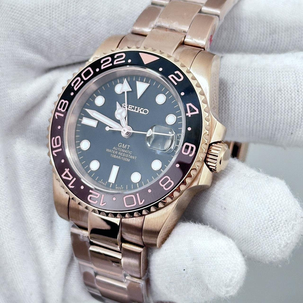 GMT Mod – Rose Gold · Root Beer Bezel – 40mm – Automatic GMT — with Seiko logo