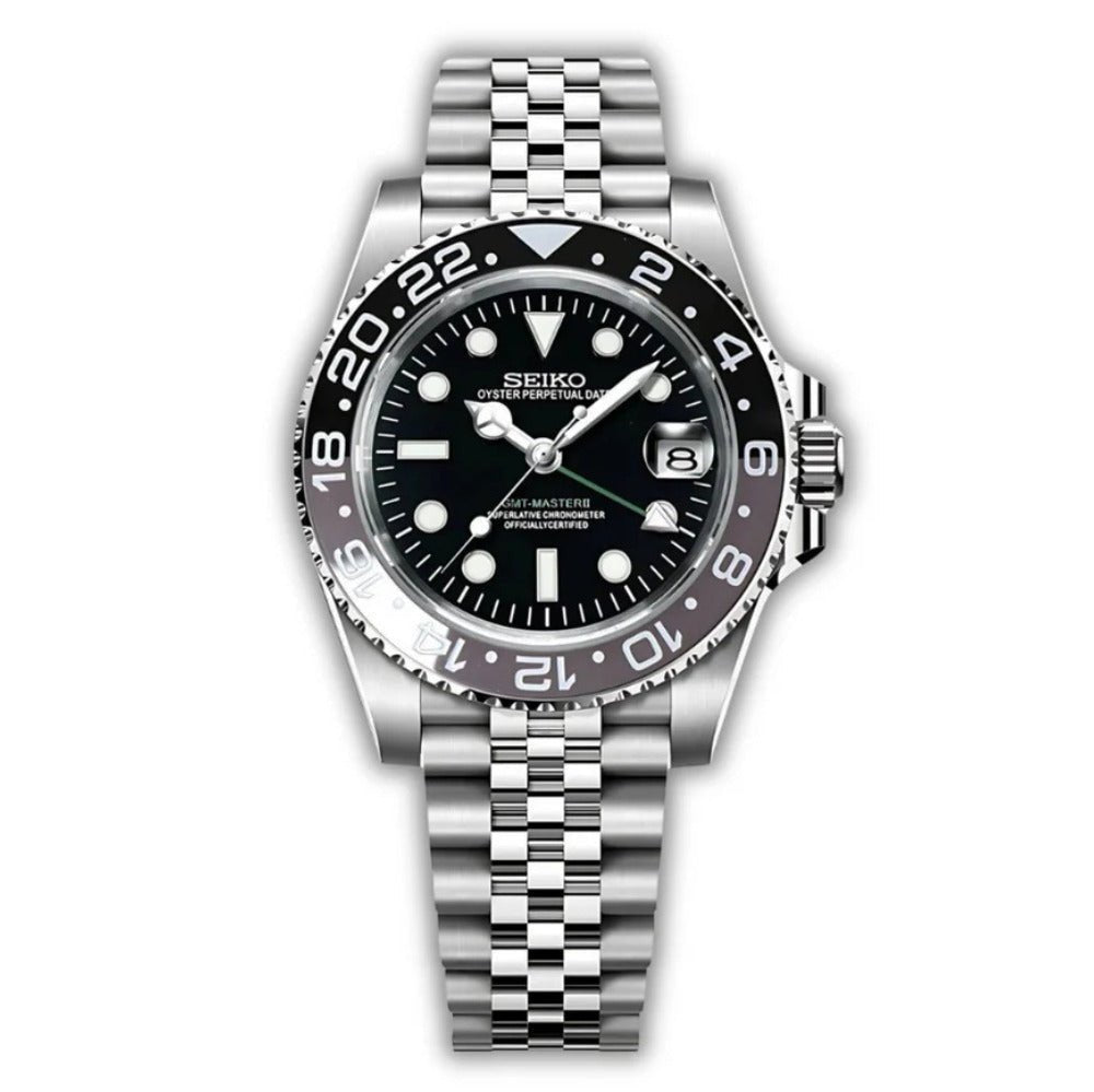 GMT Mod – Steel · Black Ceramic Bezel – 40mm – Automatic GMT — with Seiko logo