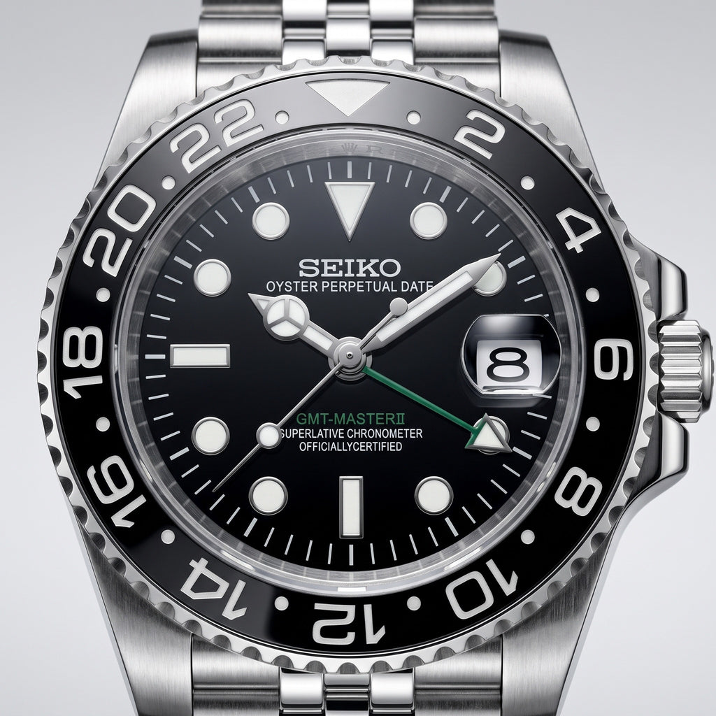 GMT Mod – Steel · Black-Grey Bezel · Jubilee – 40mm – Automatic GMT – dial detail
