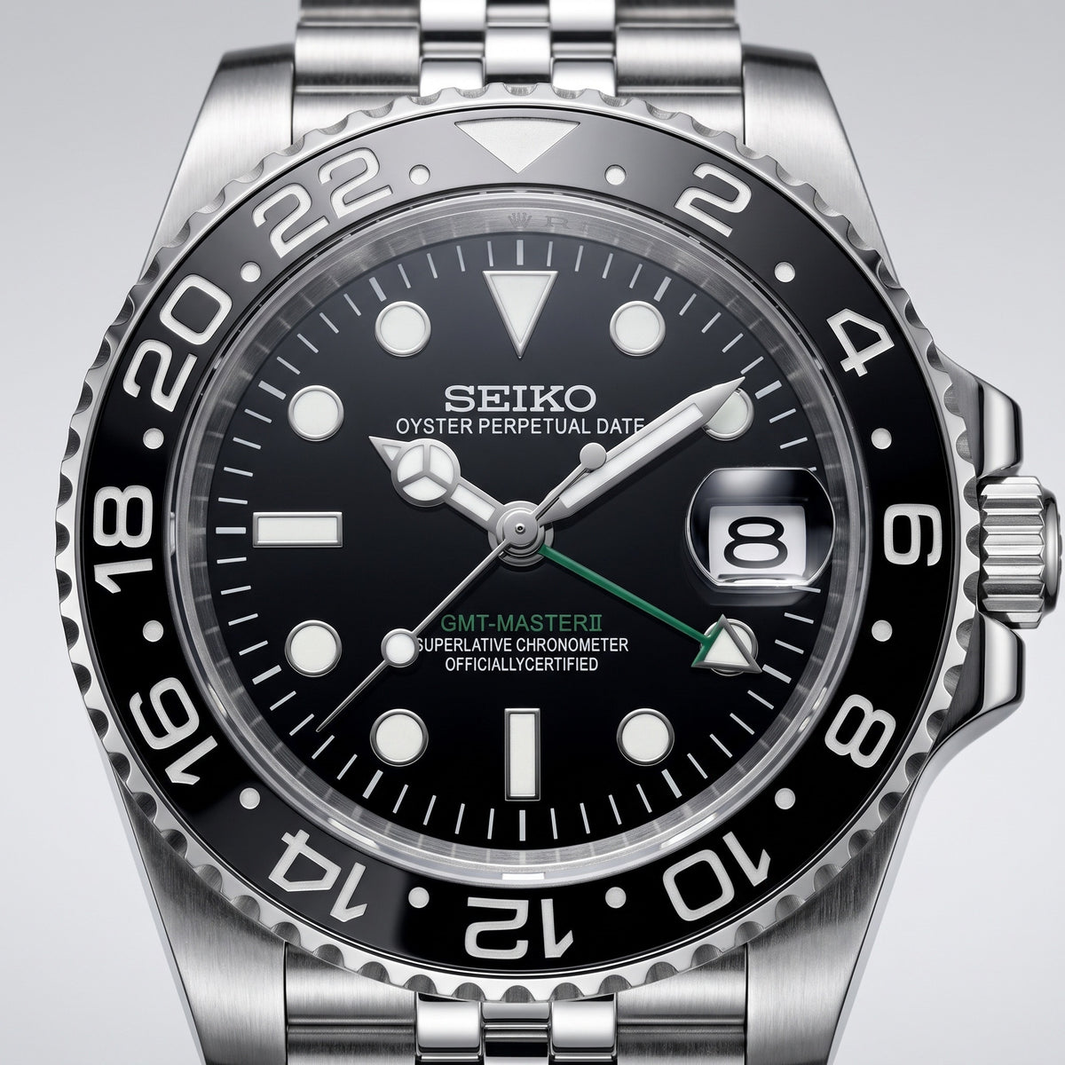 GMT Mod – Steel · Black-Grey Bezel · Jubilee – 40mm – Automatic GMT – dial detail
