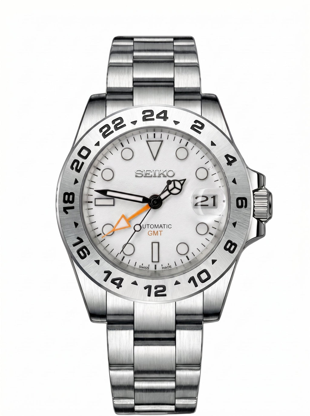 GMT Mod – Steel · Black-White Bezel · White Dial – 40mm – Automatic GMT — with Seiko logo