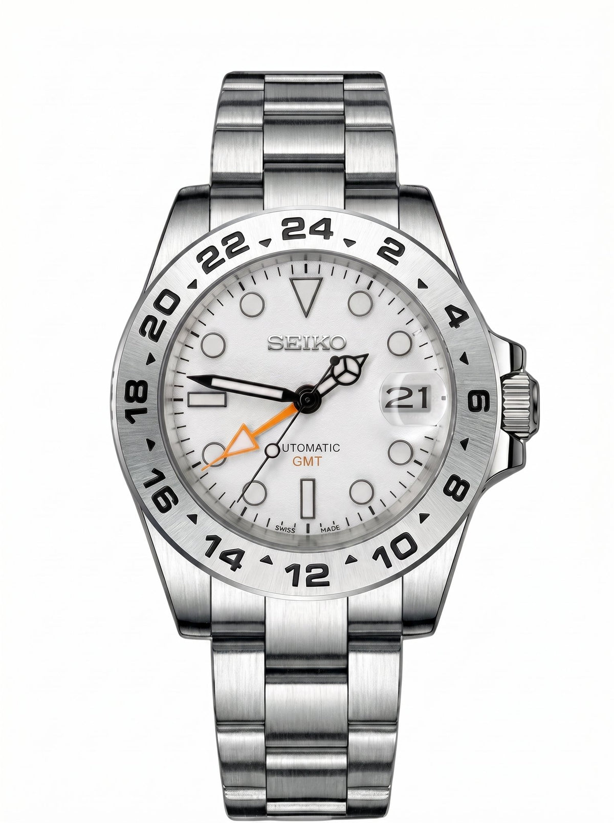 GMT Mod – Steel · Black-White Bezel · White Dial – 40mm – Automatic GMT — with Seiko logo