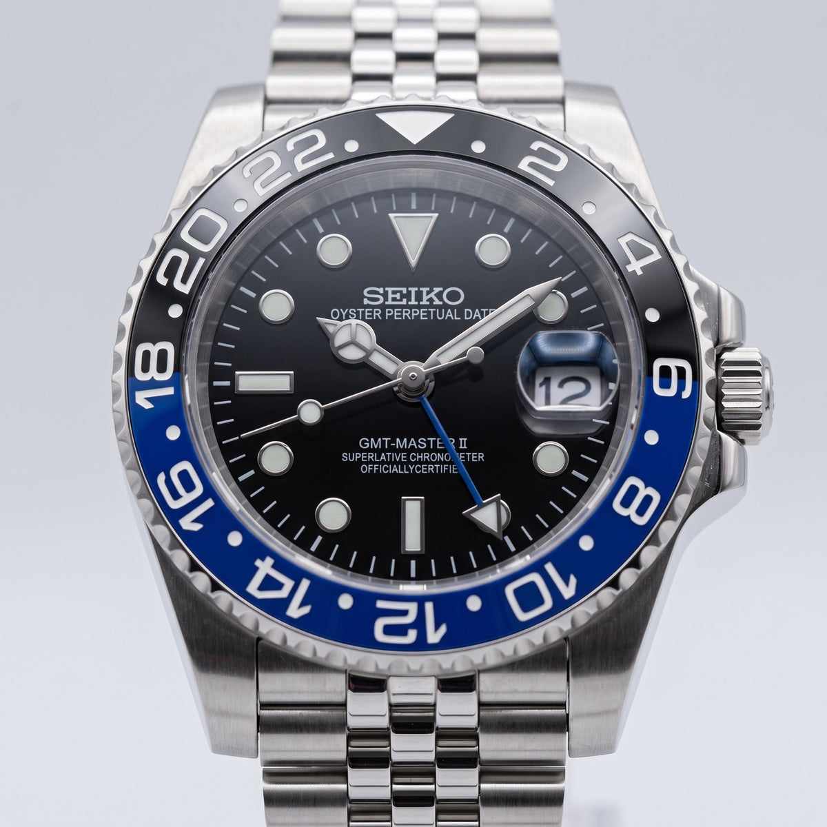 GMT Mod – Steel · Blue-Black Bezel · Jubilee – 40mm – Automatic GMT – dial detail
