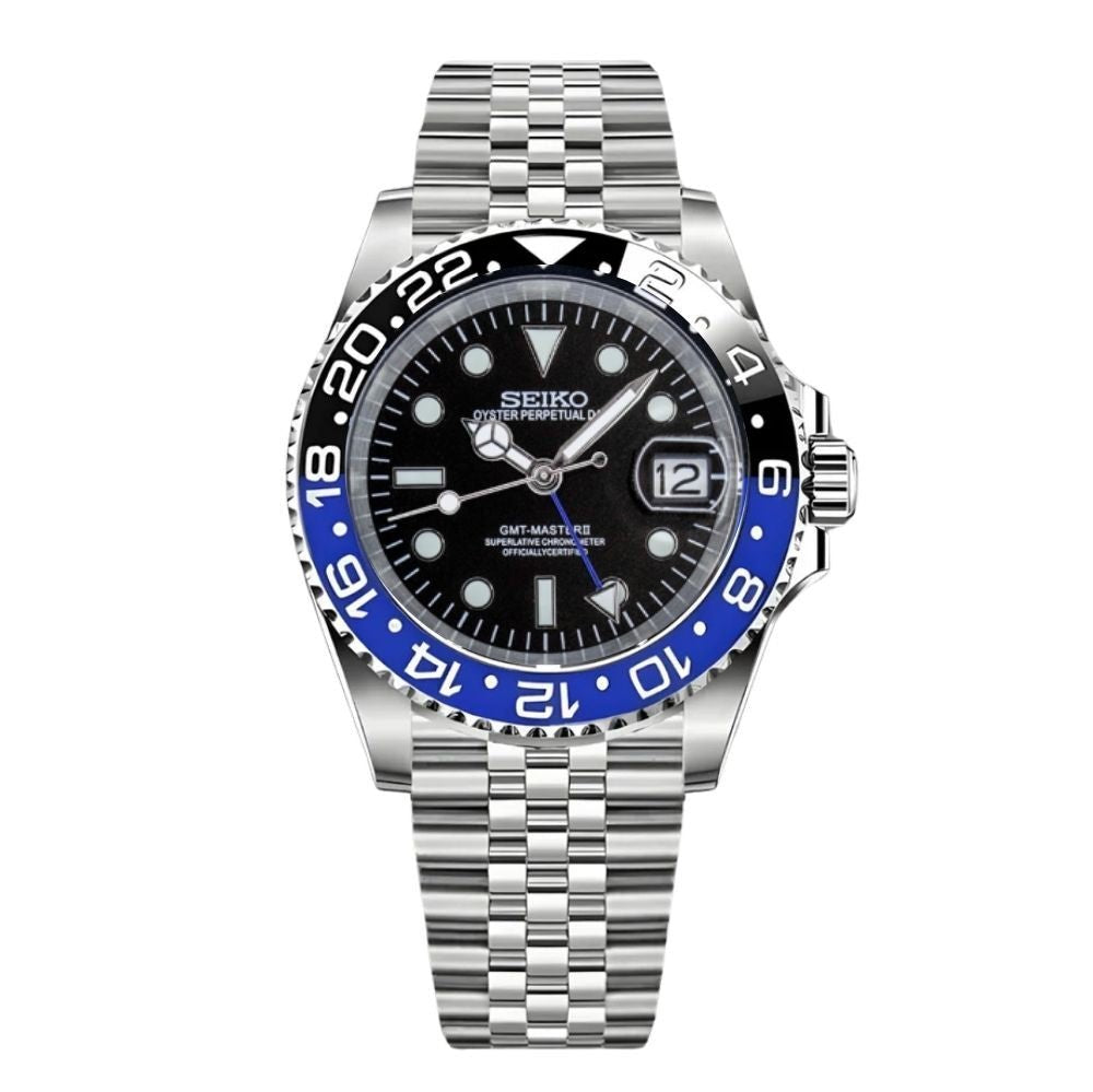 GMT Mod – Steel · Blue-Black Bezel · Jubilee – 40mm – Automatic GMT — with Seiko logo