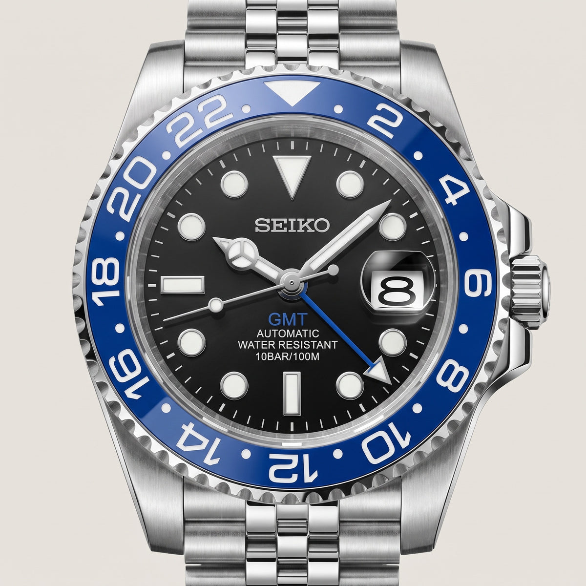 GMT Mod – Steel · Blue-Red Bezel – 40mm – Automatic GMT – dial detail