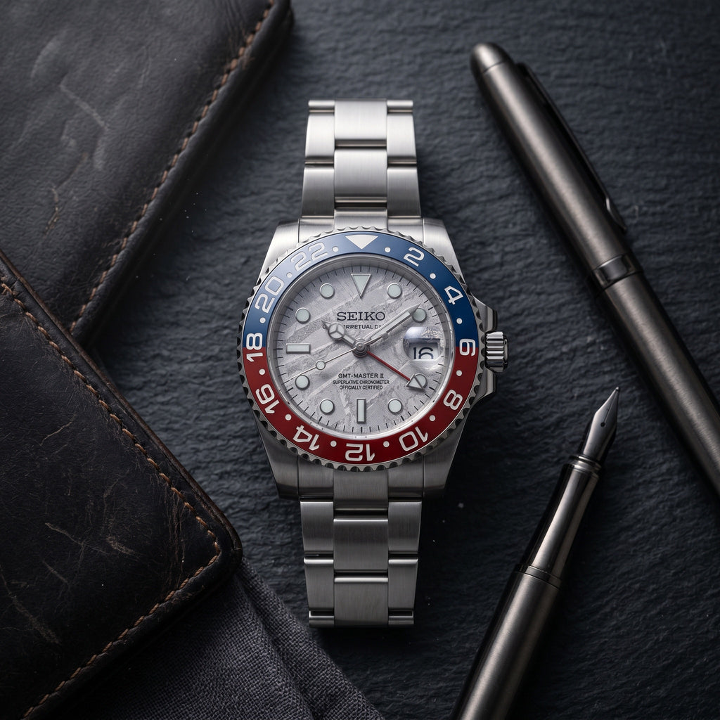 GMT Mod – Steel · Blue-Red Bezel · Meteorite Dial – 40mm – Automatic GMT – lifestyle flat lay