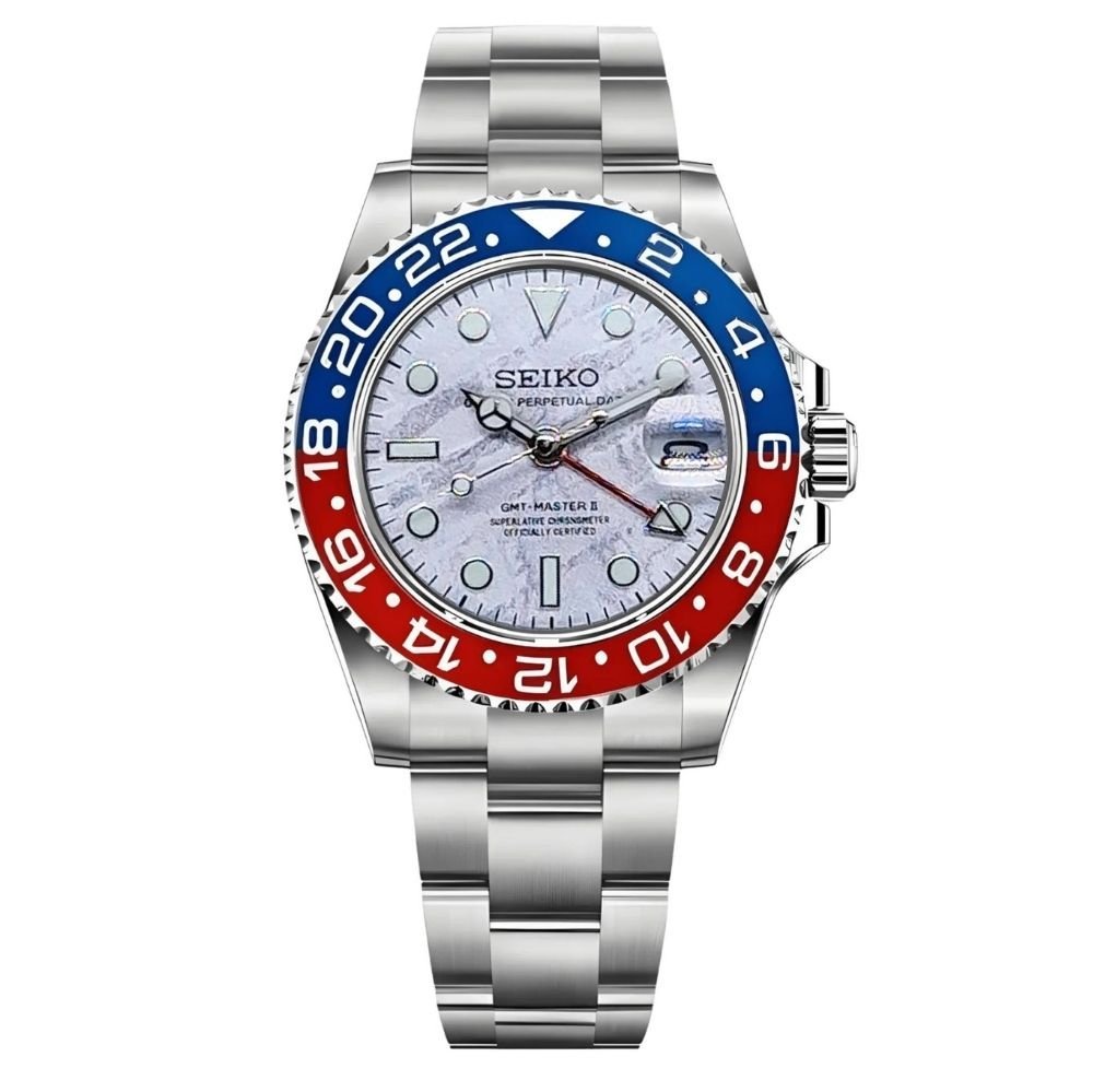 GMT Mod – Steel · Blue-Red Bezel · Meteorite Dial – 40mm – Automatic GMT — with Seiko logo