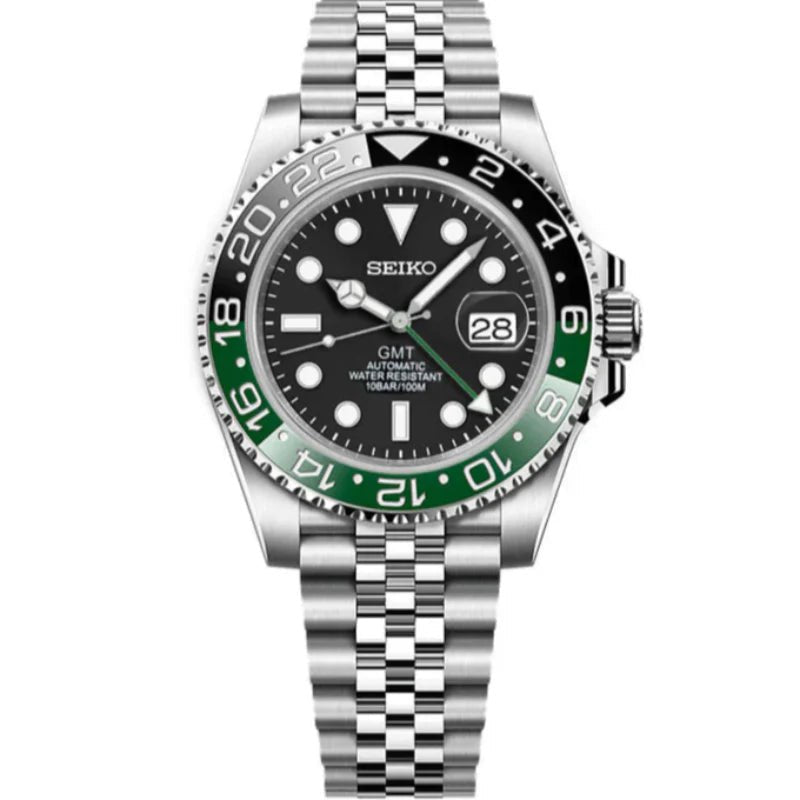 GMT Mod – Steel · Green-Black Bezel – 40mm – Automatic GMT — with Seiko logo
