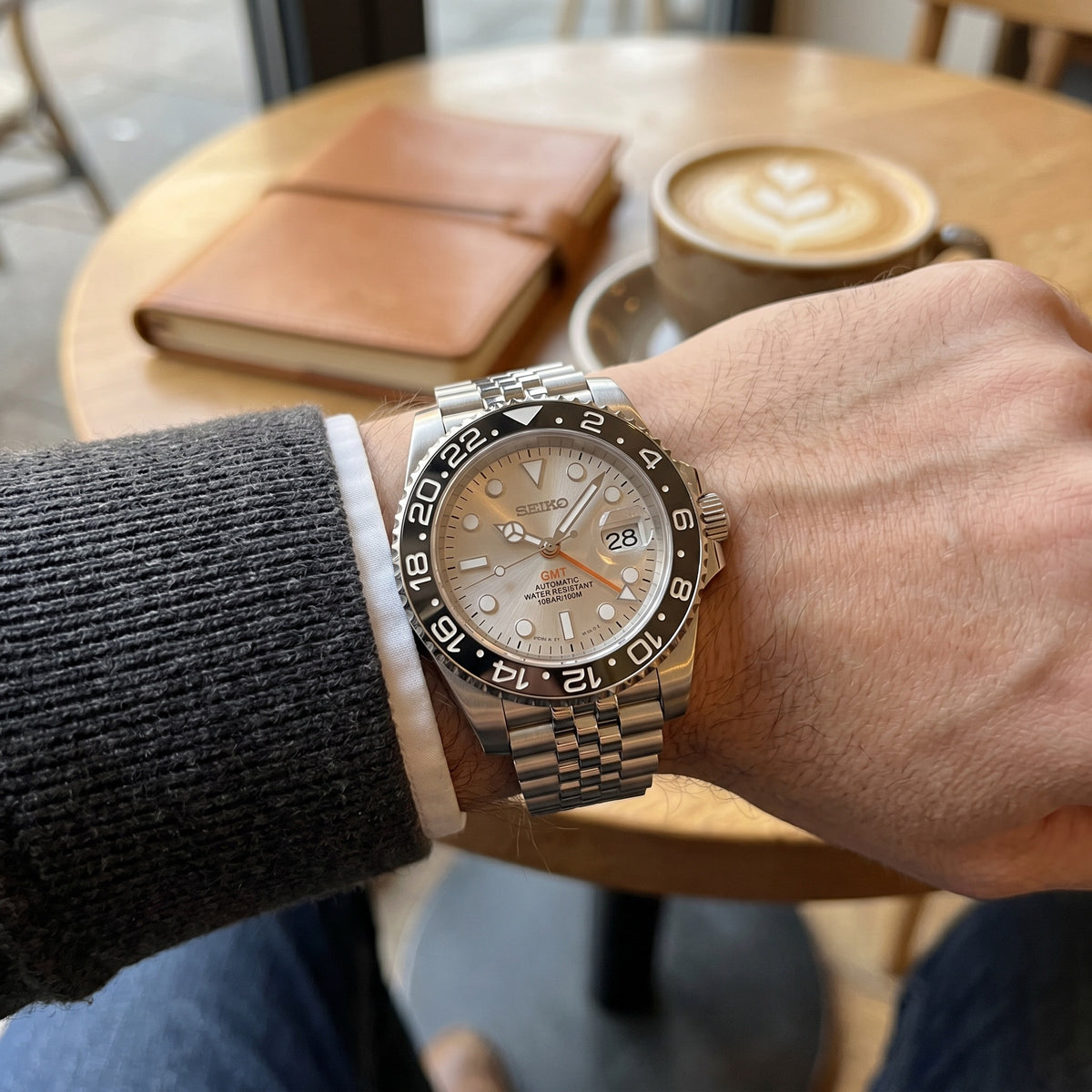 GMT Mod – Steel · Grey Bezel · Silver Dial – 40mm – Automatic GMT – on-wrist view