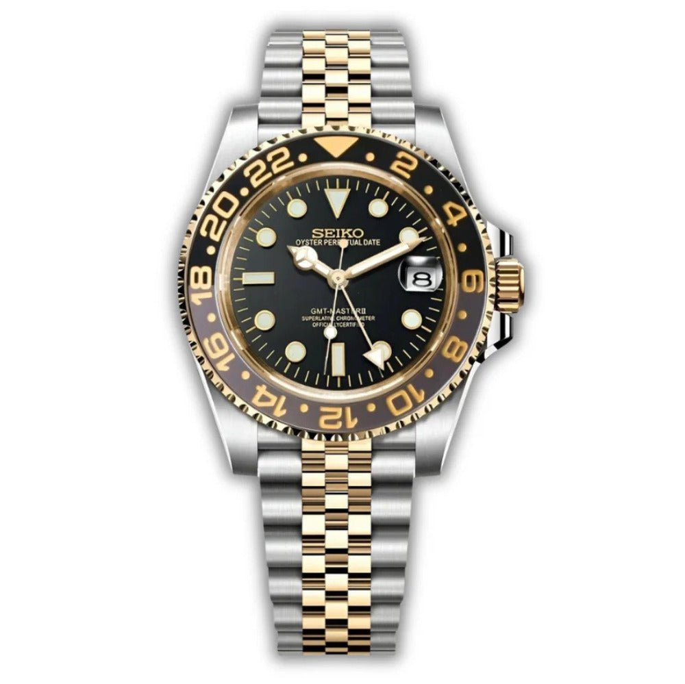GMT Mod – Two-Tone Gold · Black-Brown Bezel · Jubilee – 40mm – Automatic GMT — with Seiko logo