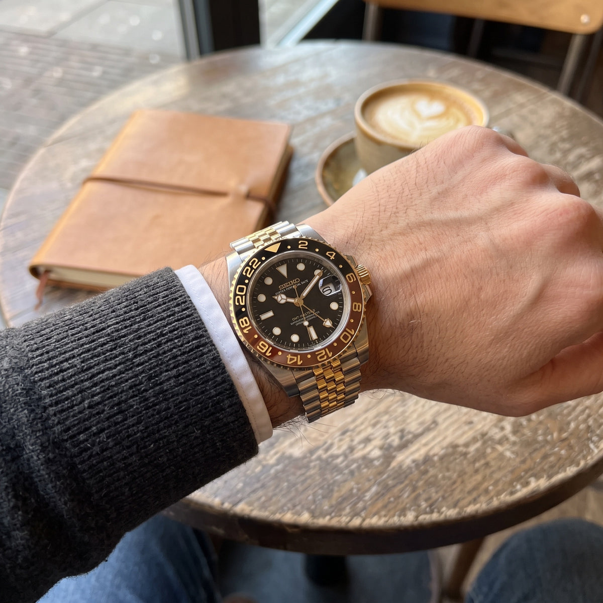 GMT Mod – Two-Tone Gold · Brown-Black Bezel – 40mm – Automatic GMT – on-wrist view