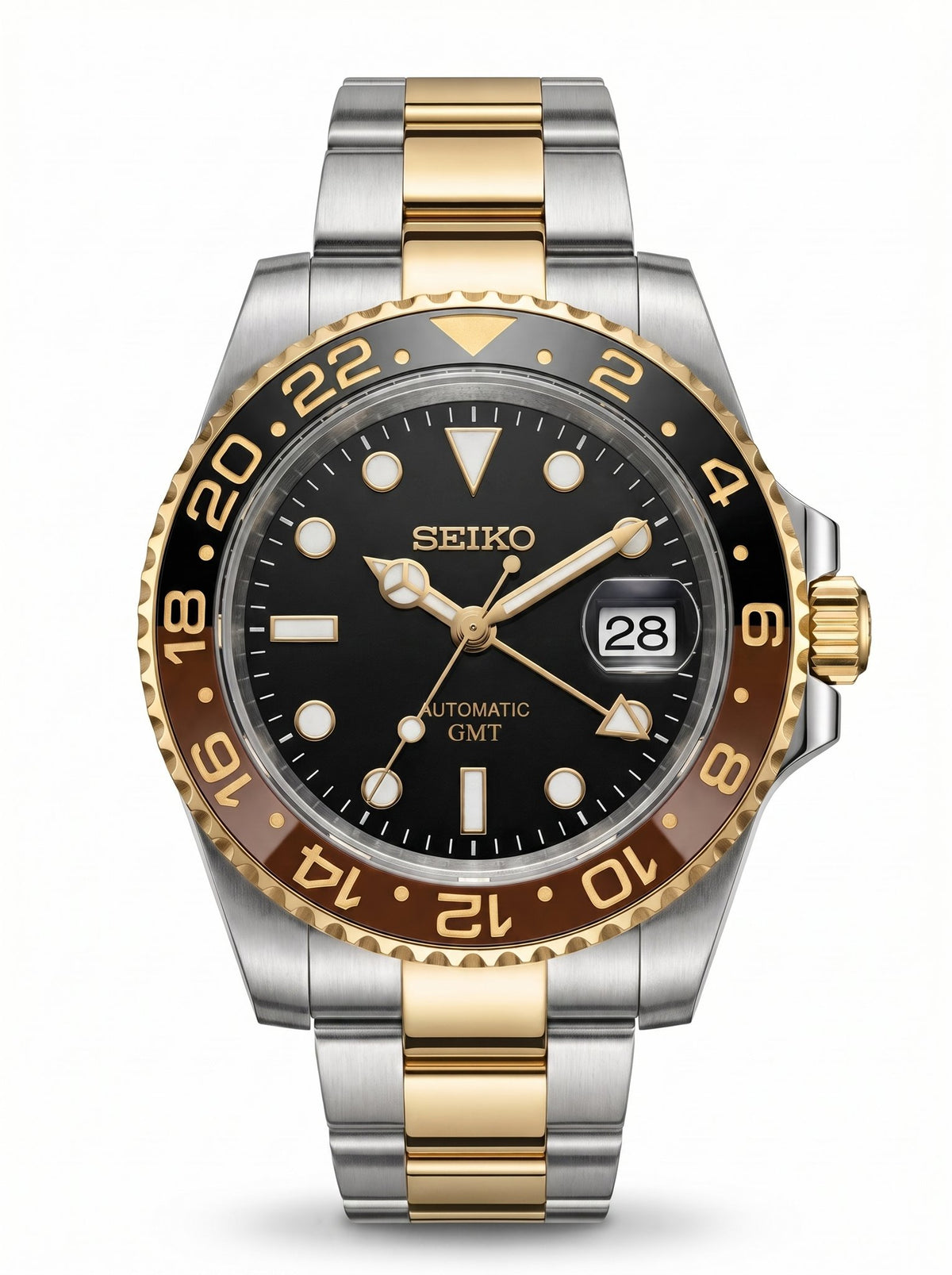 GMT Mod – Two-Tone Gold · Brown-Black Bezel · Oyster – 40mm – Automatic GMT — with Seiko logo