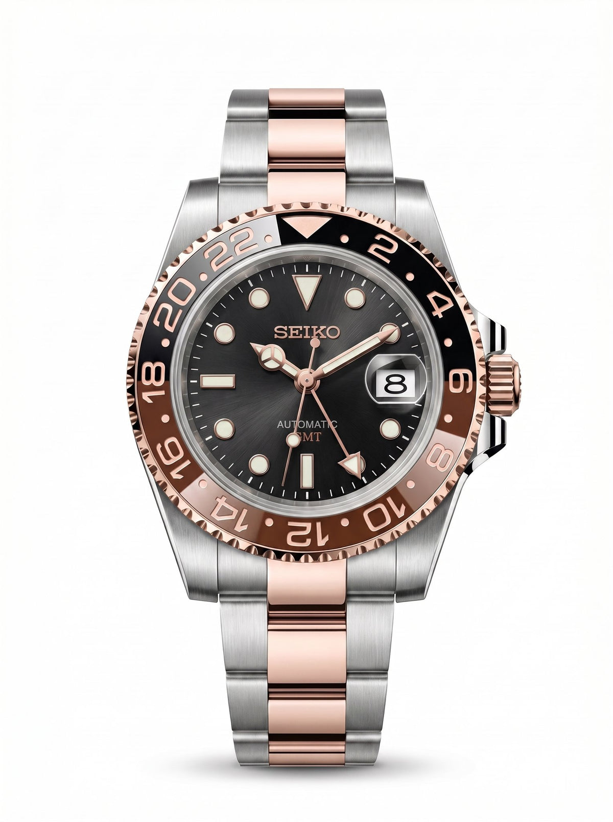 GMT Mod – Two-Tone Rose Gold · Brown-Black Bezel – 40mm – Automatic GMT — with Seiko logo