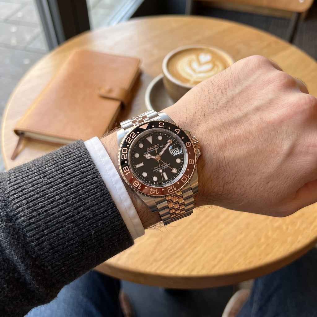 GMT Mod – Two-Tone Rose Gold · Red-Black Bezel – 40mm – Automatic GMT – on-wrist view