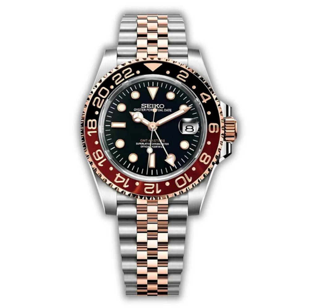 GMT Mod – Two-Tone Rose Gold · Red-Black Bezel – 40mm – Automatic GMT — with Seiko logo