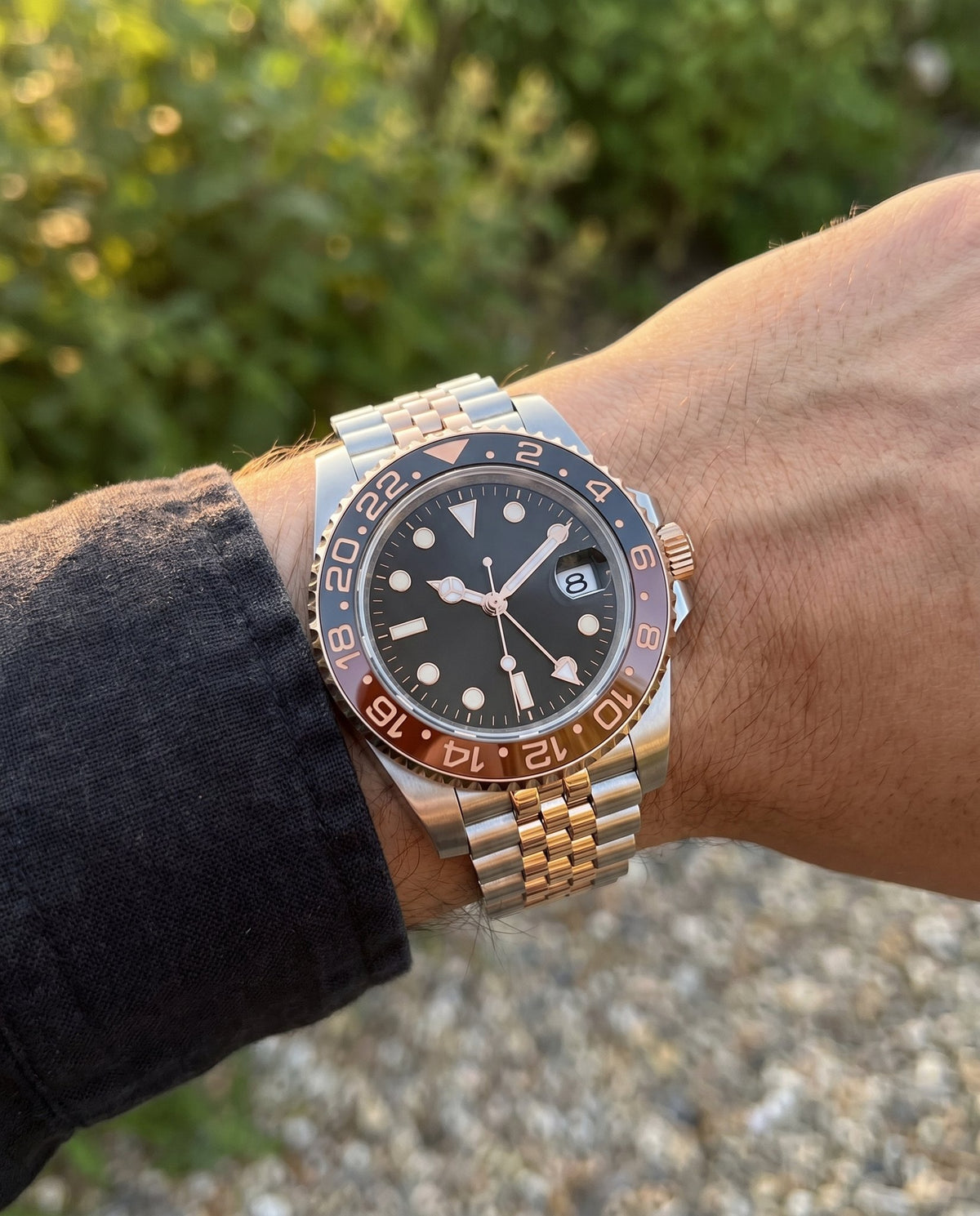 GMT Mod – Two-Tone Rose Gold · Red-Black Bezel – 40mm – Automatic GMT - on-wrist lifestyle