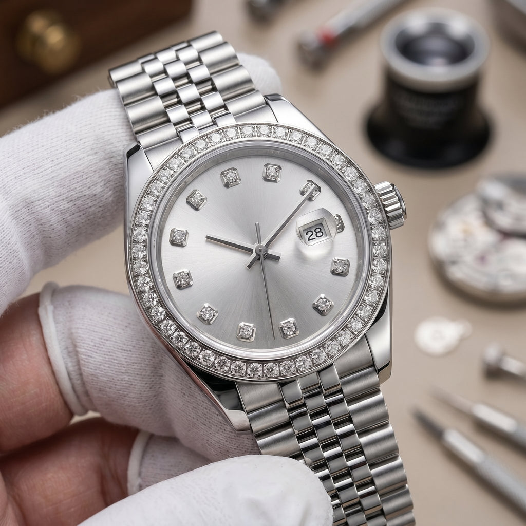 Lady Mod – Steel · Diamond Bezel · Silver Dial – 28mm – Automatic - close-up detail