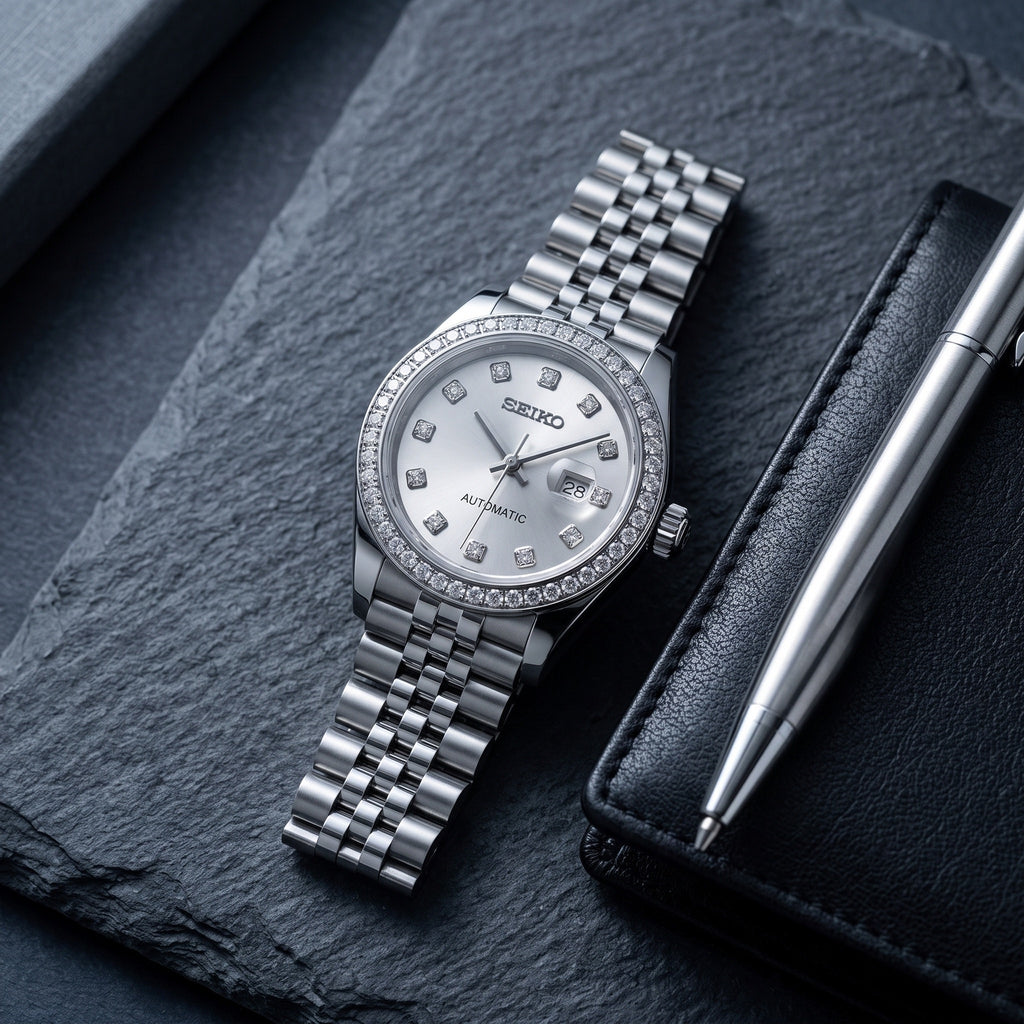 Lady Mod – Steel · Diamond Bezel · Silver Dial – 28mm – Automatic – lifestyle flat lay
