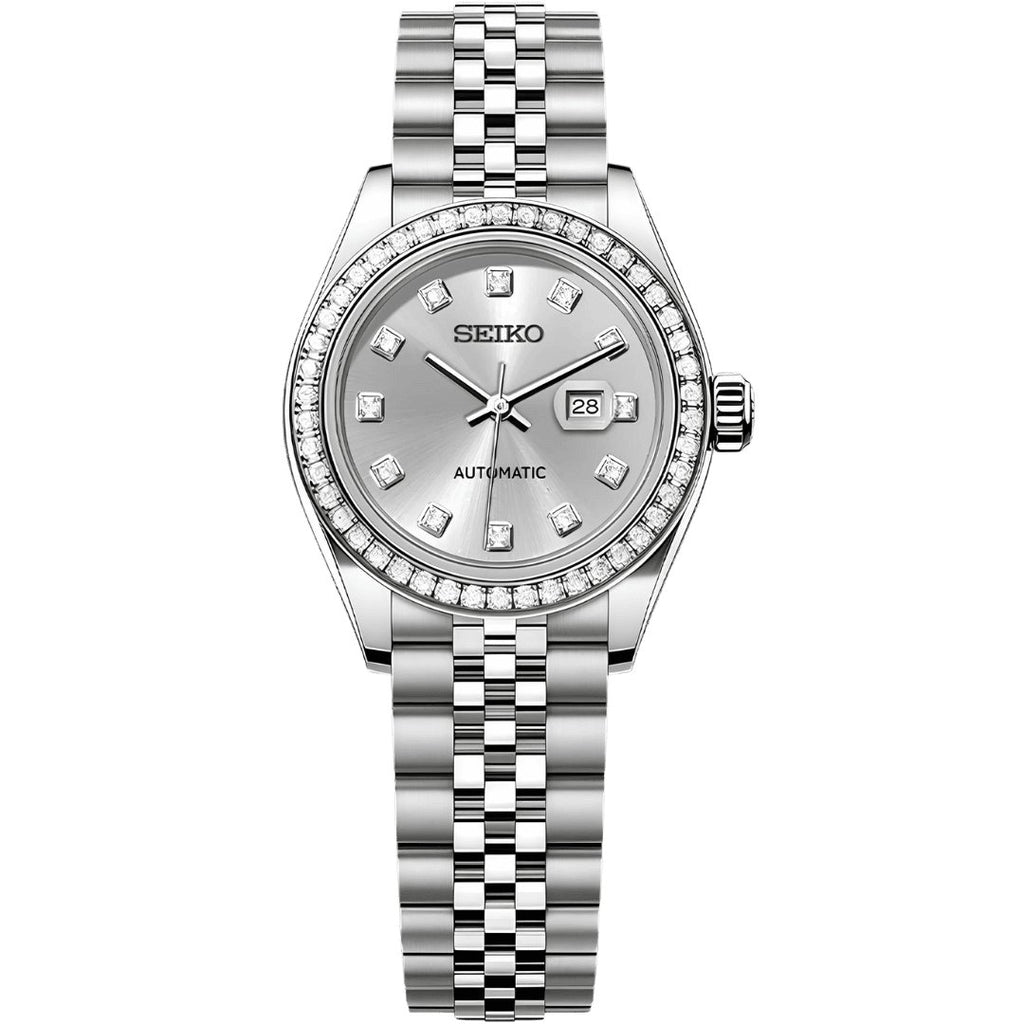 Lady Mod – Steel · Diamond Bezel · Silver Dial – 28mm – Automatic — with Seiko logo