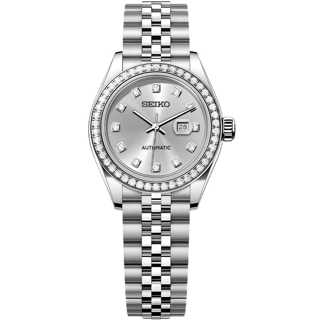 Lady Mod – Steel · Diamond Bezel · Silver Dial – 28mm – Automatic — with Seiko logo