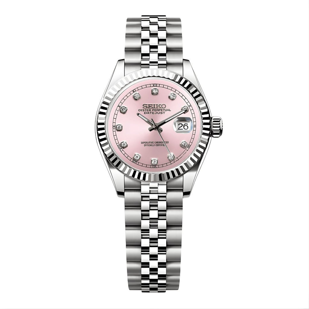 Lady Mod – Steel · Pink Diamond Dial – 28mm – Automatic — with Seiko logo