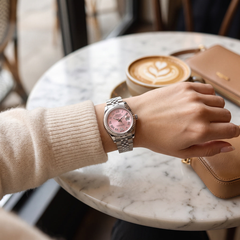 Lady Mod – Steel · Pink Roman Dial – 28mm – Automatic – on-wrist view