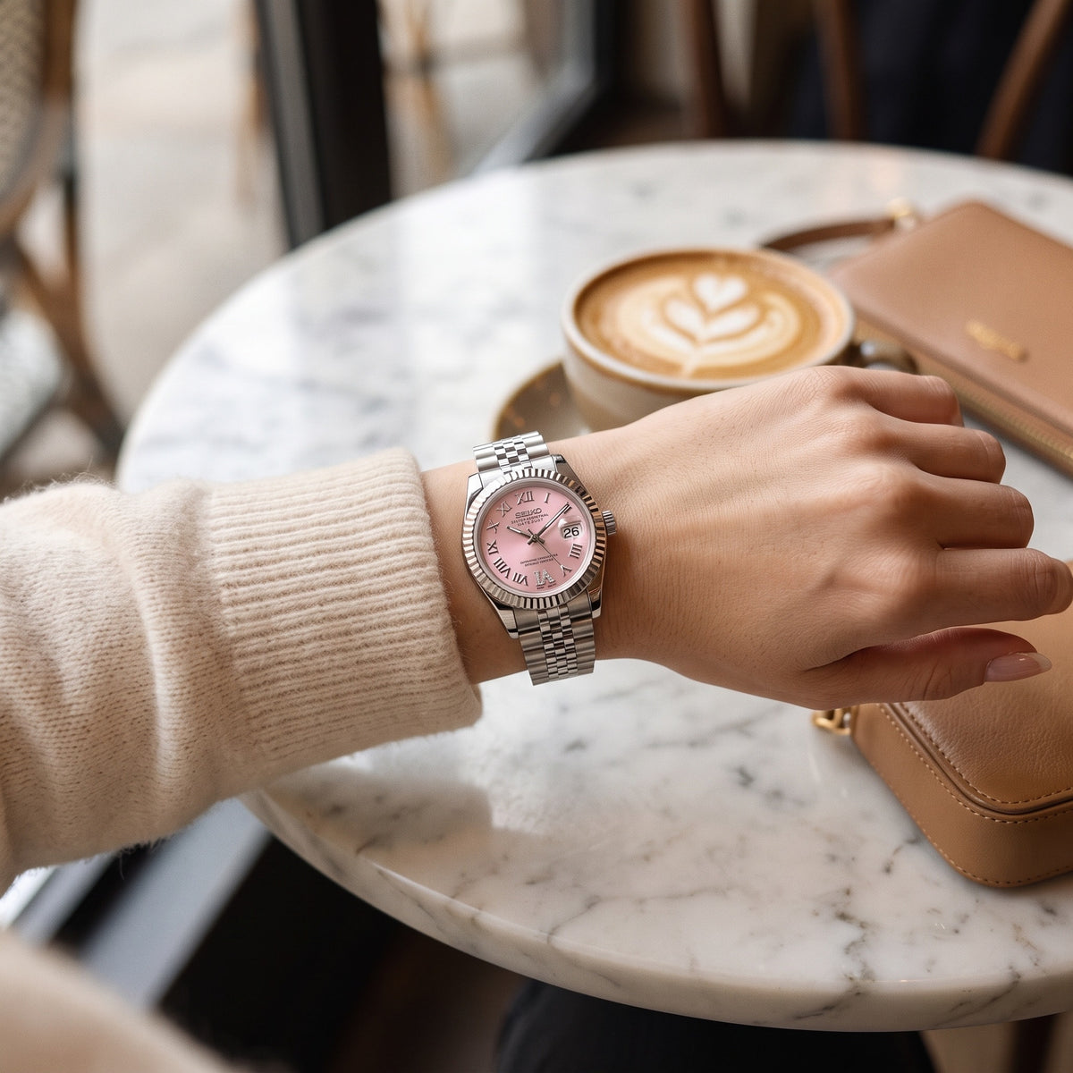 Lady Mod – Steel · Pink Roman Dial – 28mm – Automatic – on-wrist view