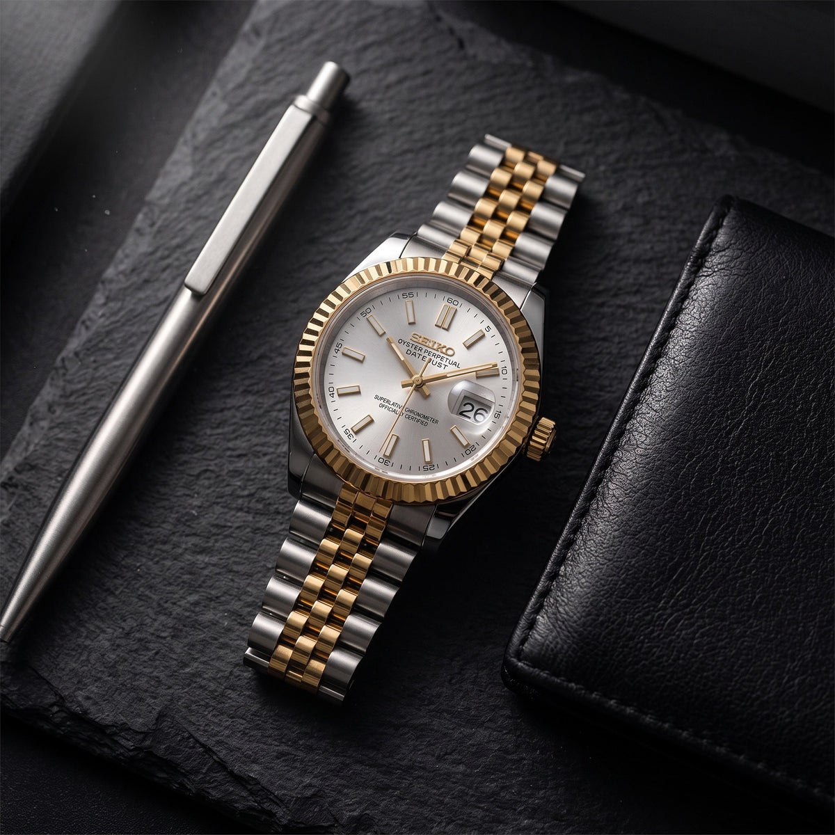 Lady Mod – Two-Tone Gold · Silver Dial – 28mm – Automatic – lifestyle flat lay