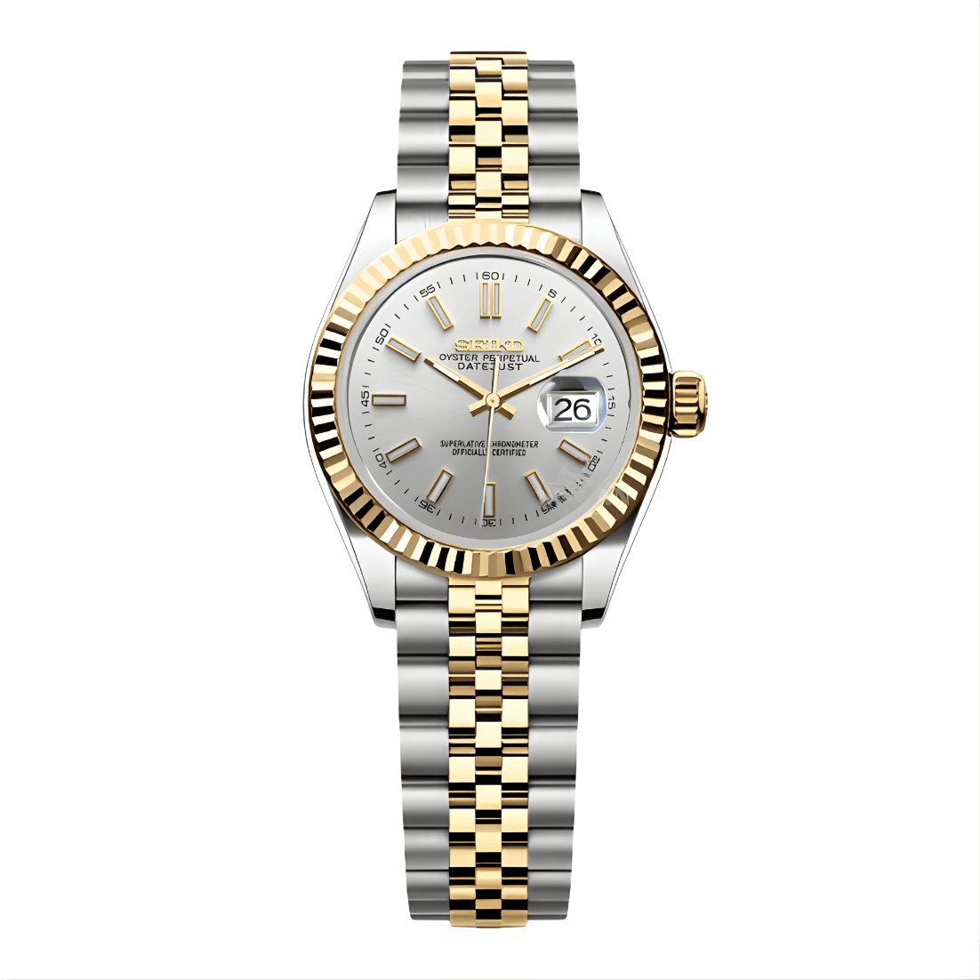 Lady Mod – Two-Tone Gold · Silver Dial – 28mm – Automatic — with Seiko logo
