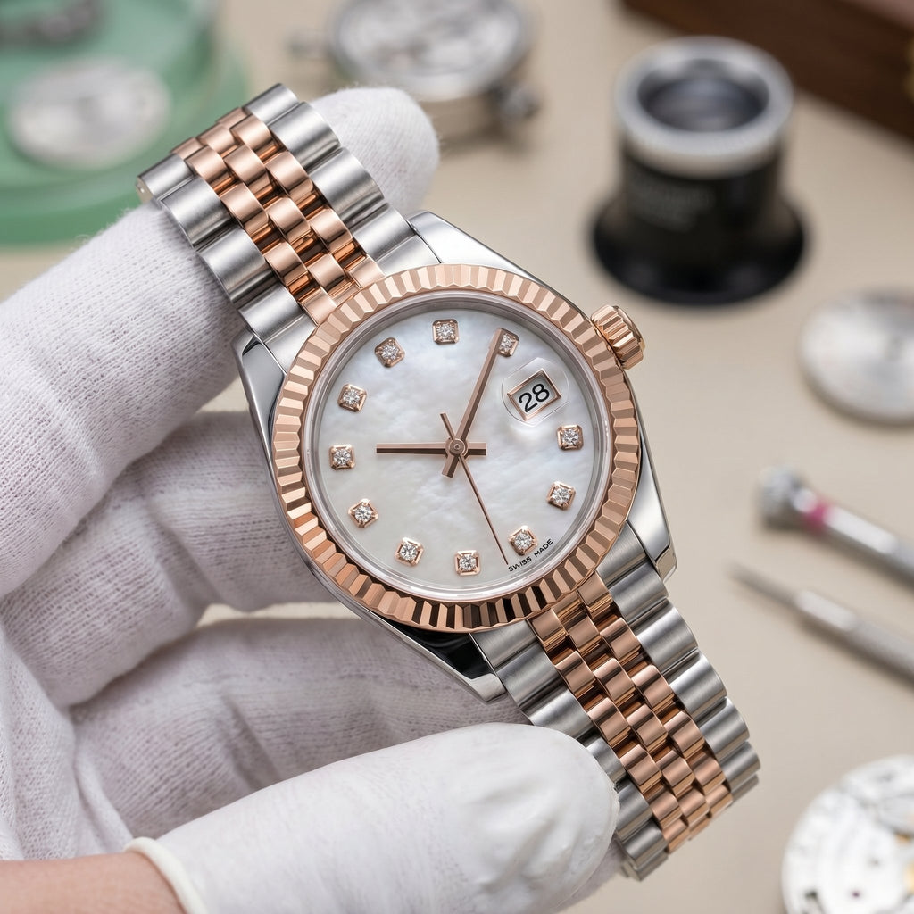Lady Mod – Two-Tone Rose Gold · White MOP Dial – 28mm – Automatic - close-up detail