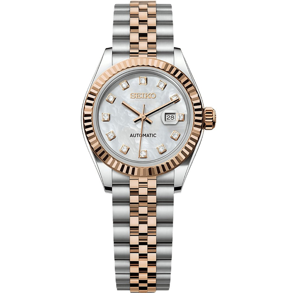 Lady Mod – Two-Tone Rose Gold · White MOP Dial – 28mm – Automatic — with Seiko logo