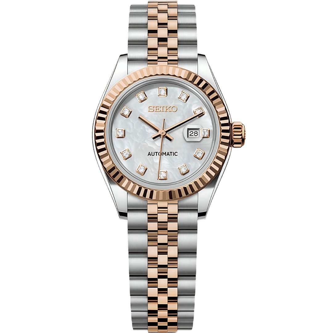 Lady Mod – Two-Tone Rose Gold · White MOP Dial – 28mm – Automatic — with Seiko logo
