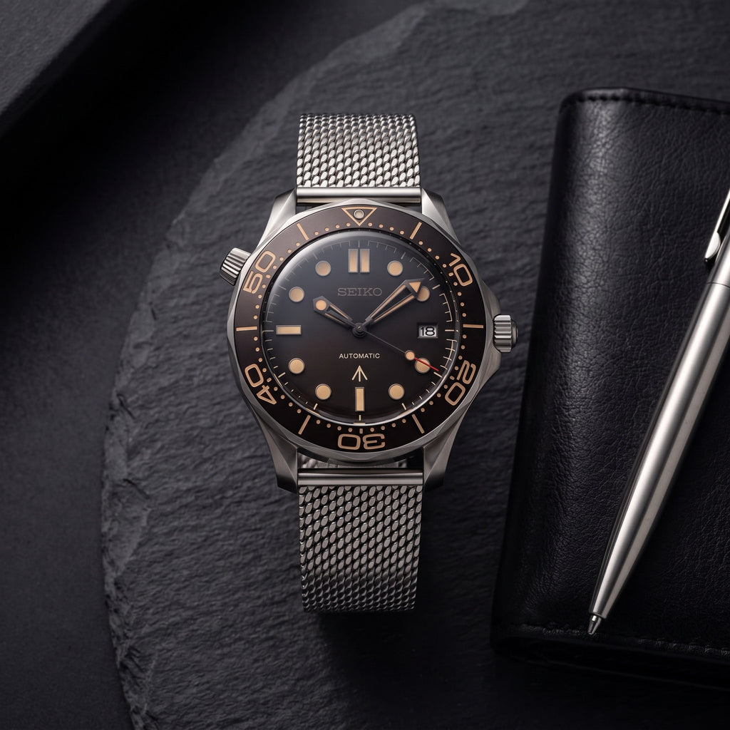 Moon Mod – Brown Gradient Diver · Mesh – 42mm – Automatic – lifestyle flat lay
