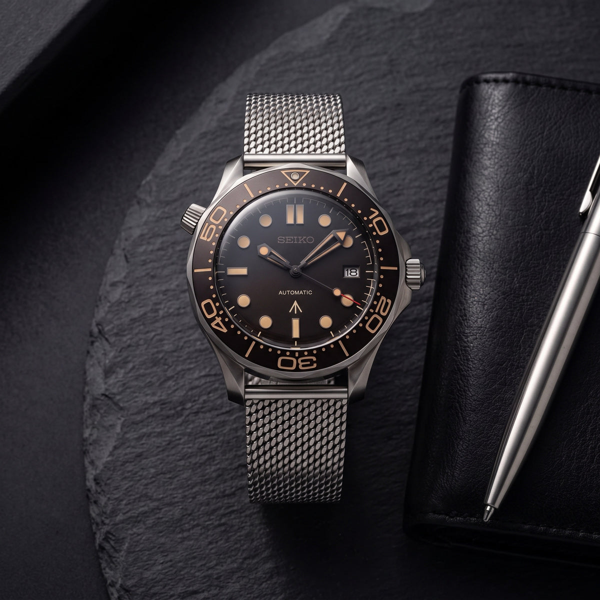 Moon Mod – Brown Gradient Diver · Mesh – 42mm – Automatic – lifestyle flat lay