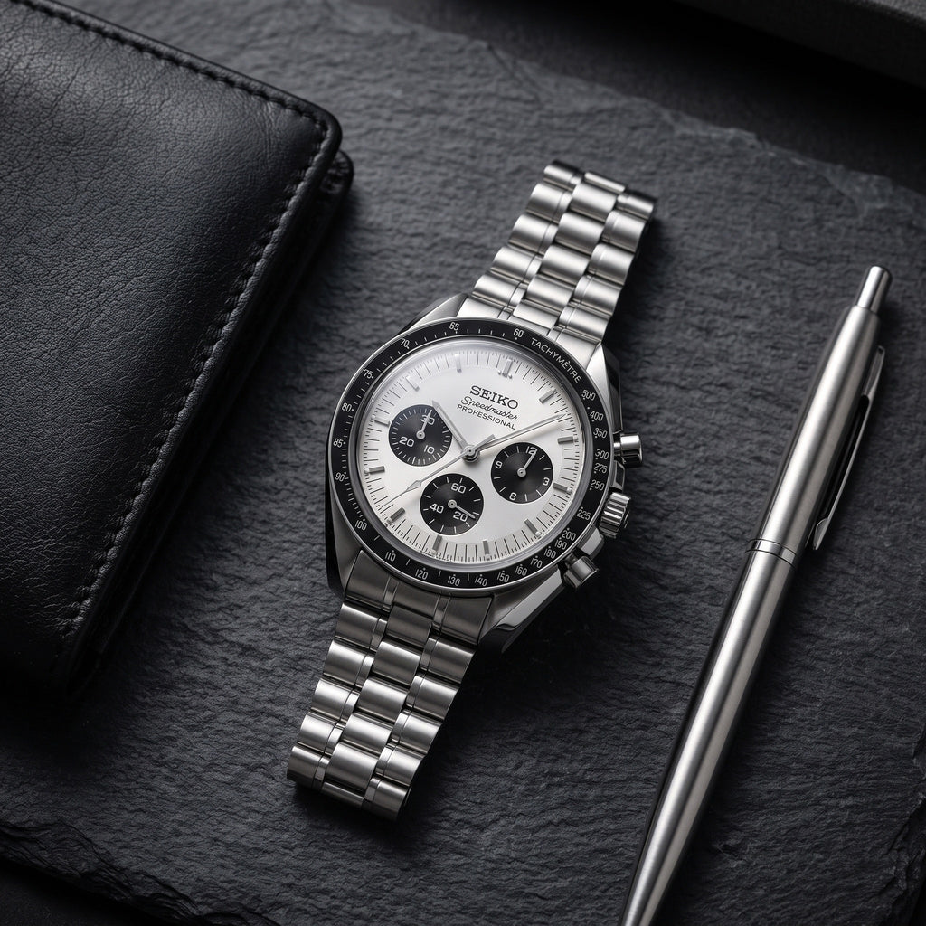 Moon Mod – Silver Panda Chronograph – 42mm – Chronograph – lifestyle flat lay