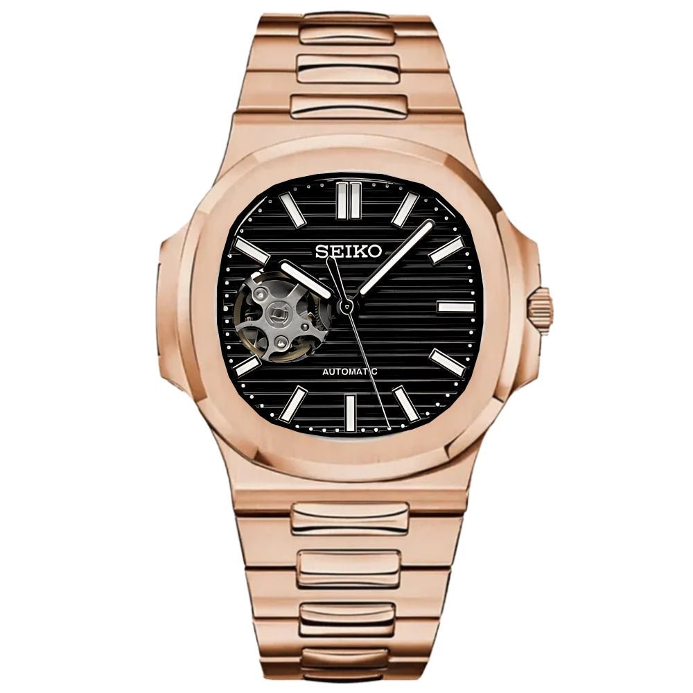 Naut Mod – Rose Gold · Black Open-Heart Dial – 41mm – Automatic — with Seiko logo