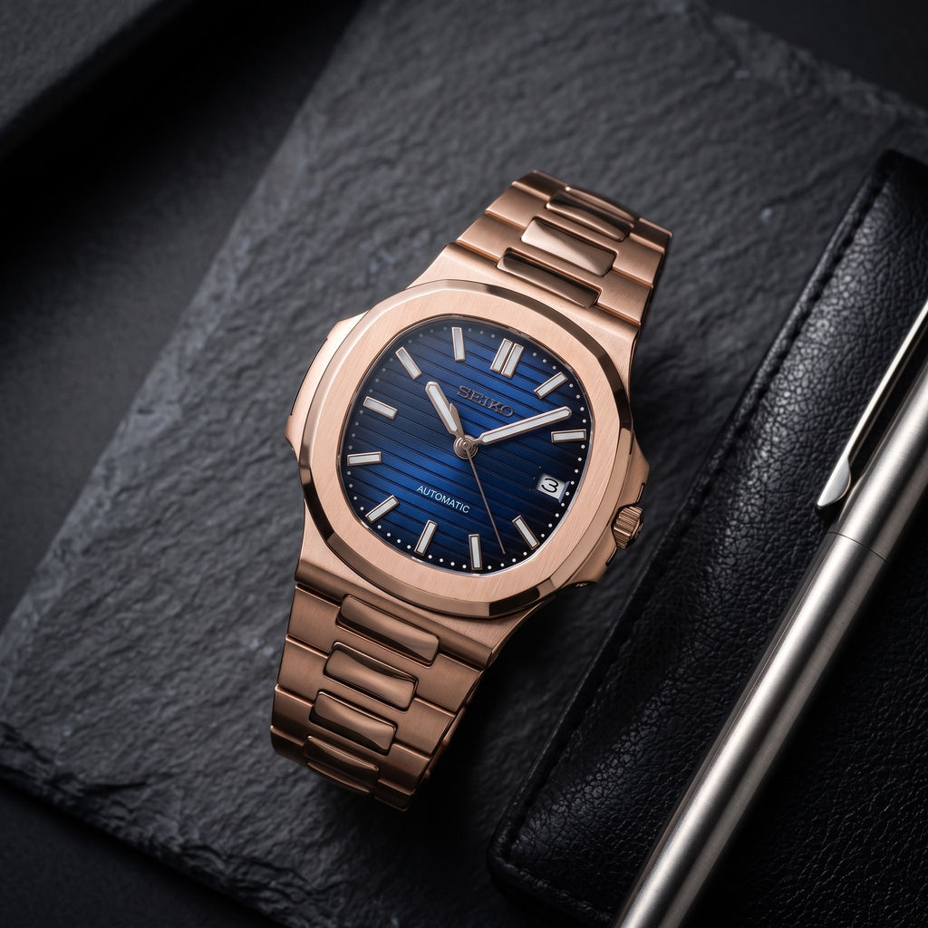 Naut Mod – Rose Gold · Blue Dial – 41mm – Automatic – lifestyle flat lay