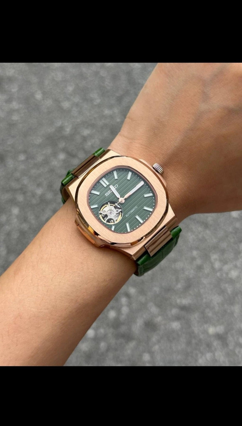 Naut Mod – Rose Gold · Green Open-Heart · Leather – 41mm – Automatic — with Seiko logo