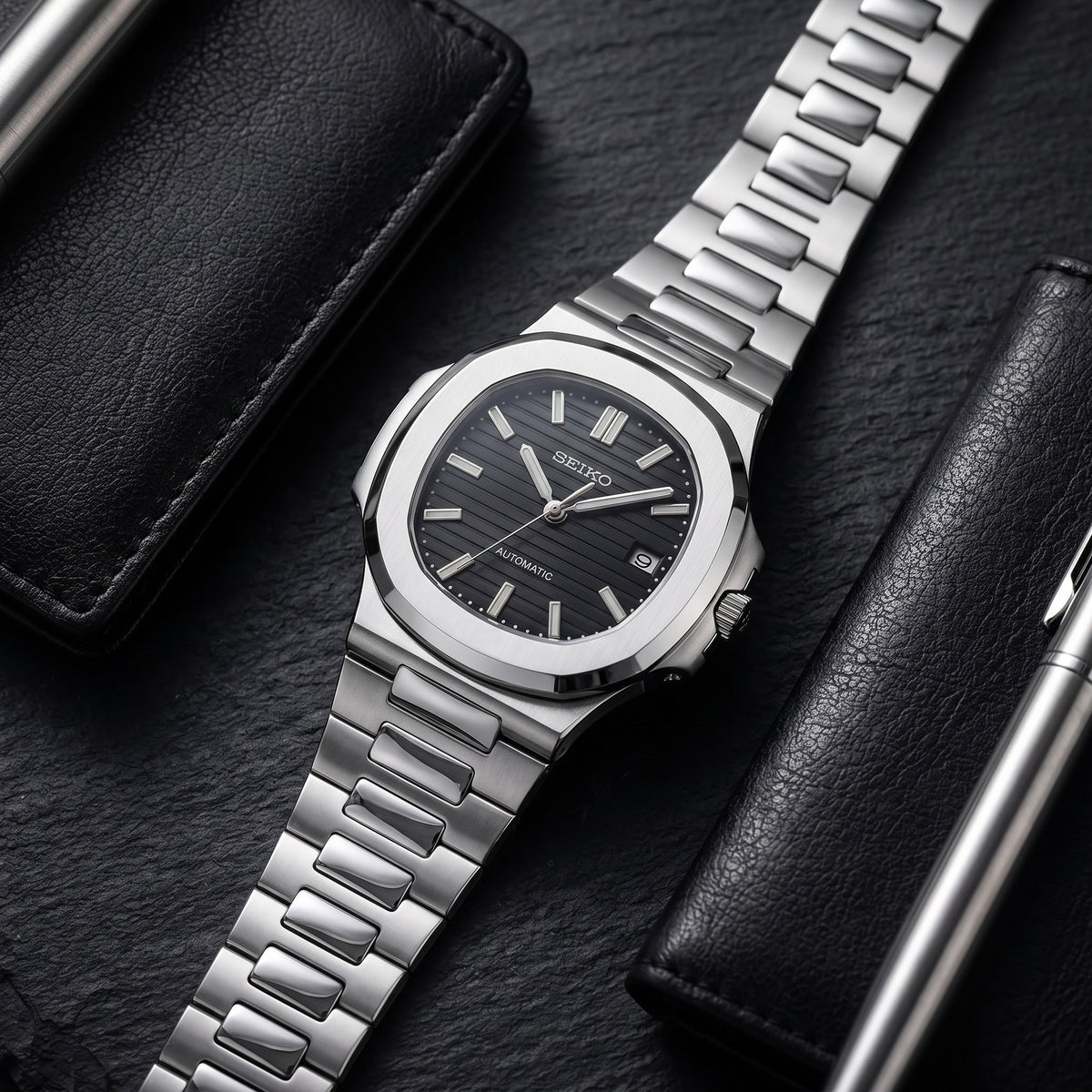 Naut Mod – Steel · Slate Blue Dial – 41mm – Automatic – lifestyle flat lay