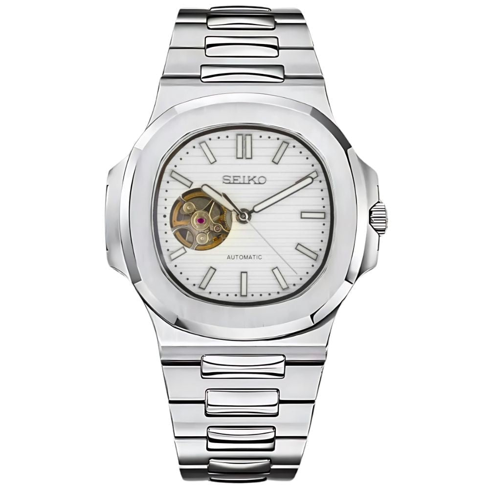 Naut Mod – Steel · White Open-Heart Dial – 41mm – Automatic — with Seiko logo