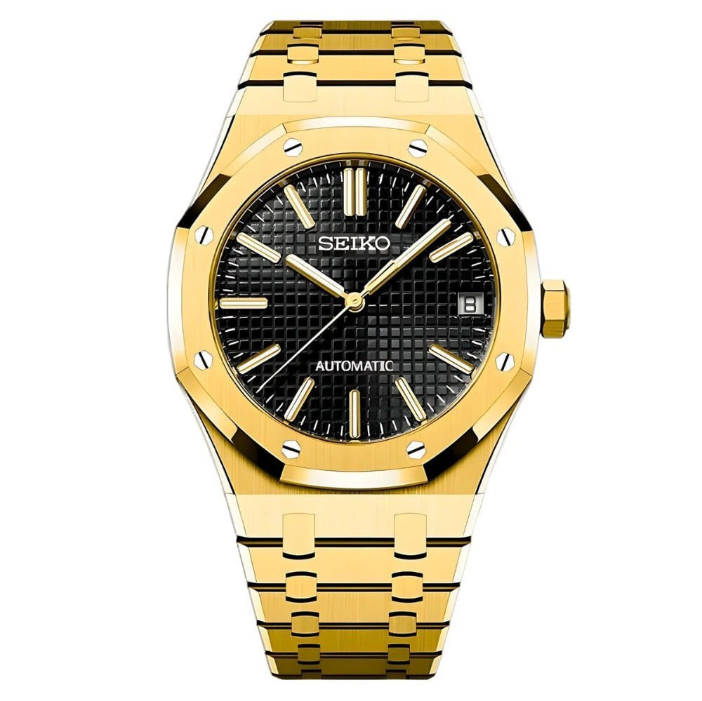 Oak Mod – Gold · Black Tapisserie Dial – 41mm – Automatic — with Seiko logo