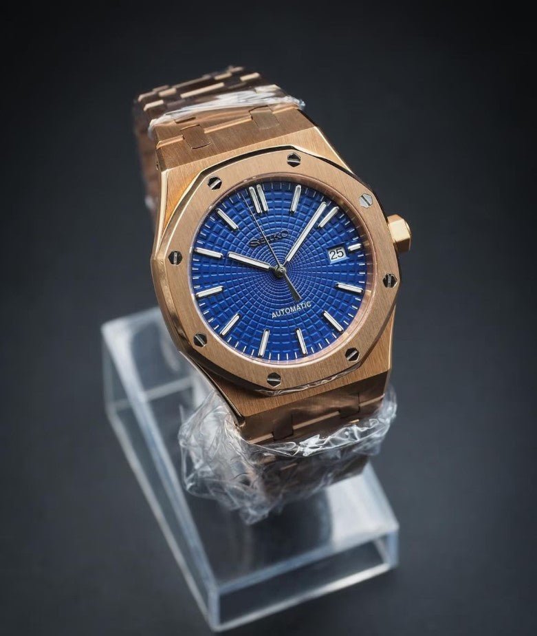 Oak Mod – Rose Gold · Blue Tapisserie Dial – 41mm – Automatic - with Seiko logo
