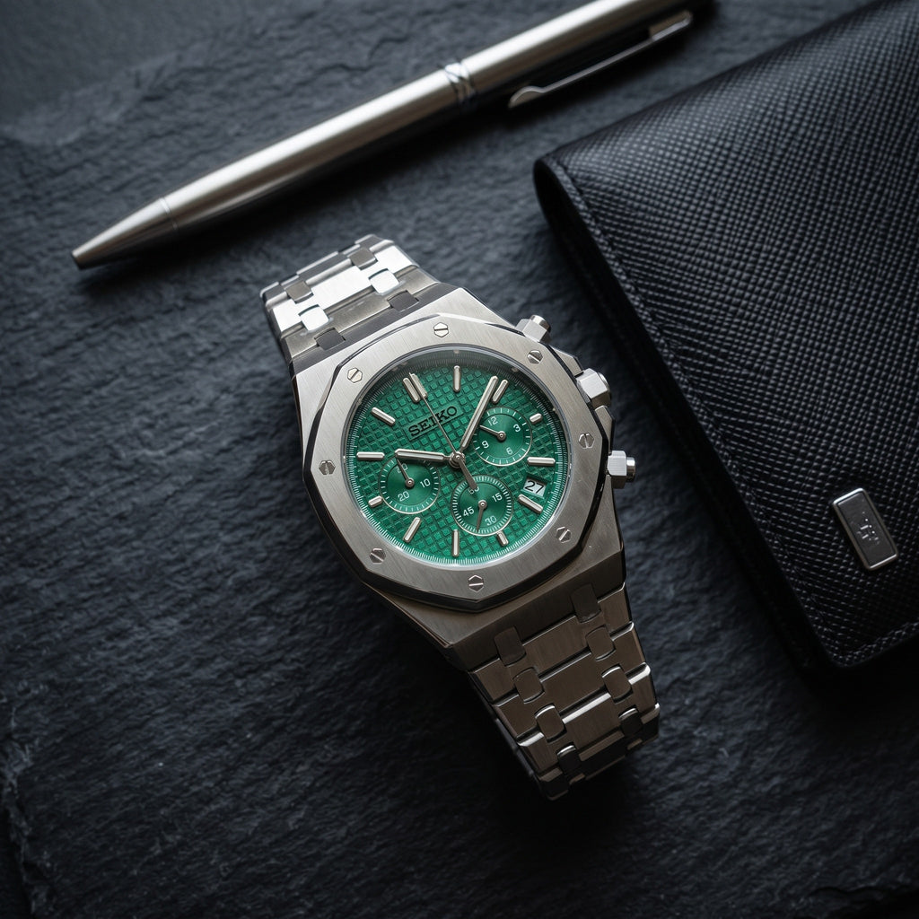 Oak Mod – Steel · Green Chronograph II – 41mm – Chronograph – lifestyle flat lay