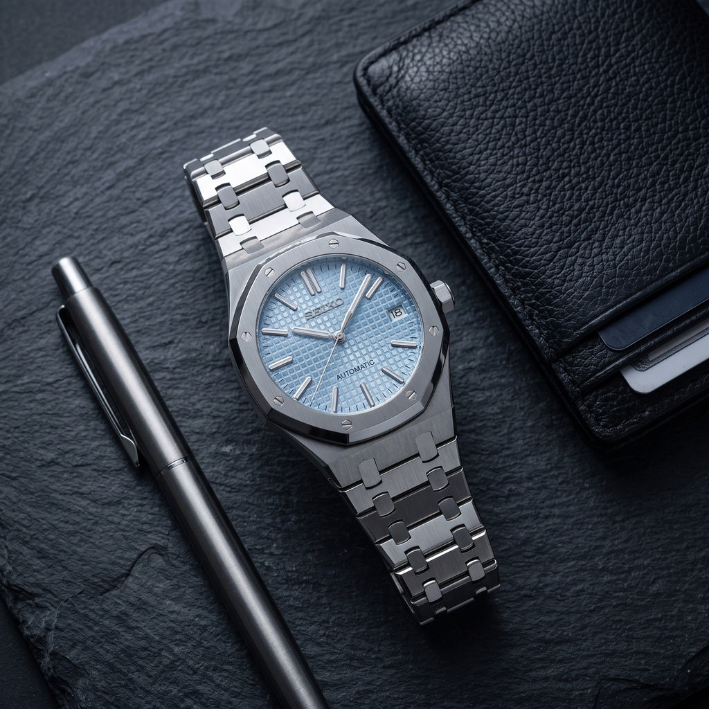 Oak Mod – Steel · Ice-Blue Dial – 41mm – Automatic – lifestyle flat lay