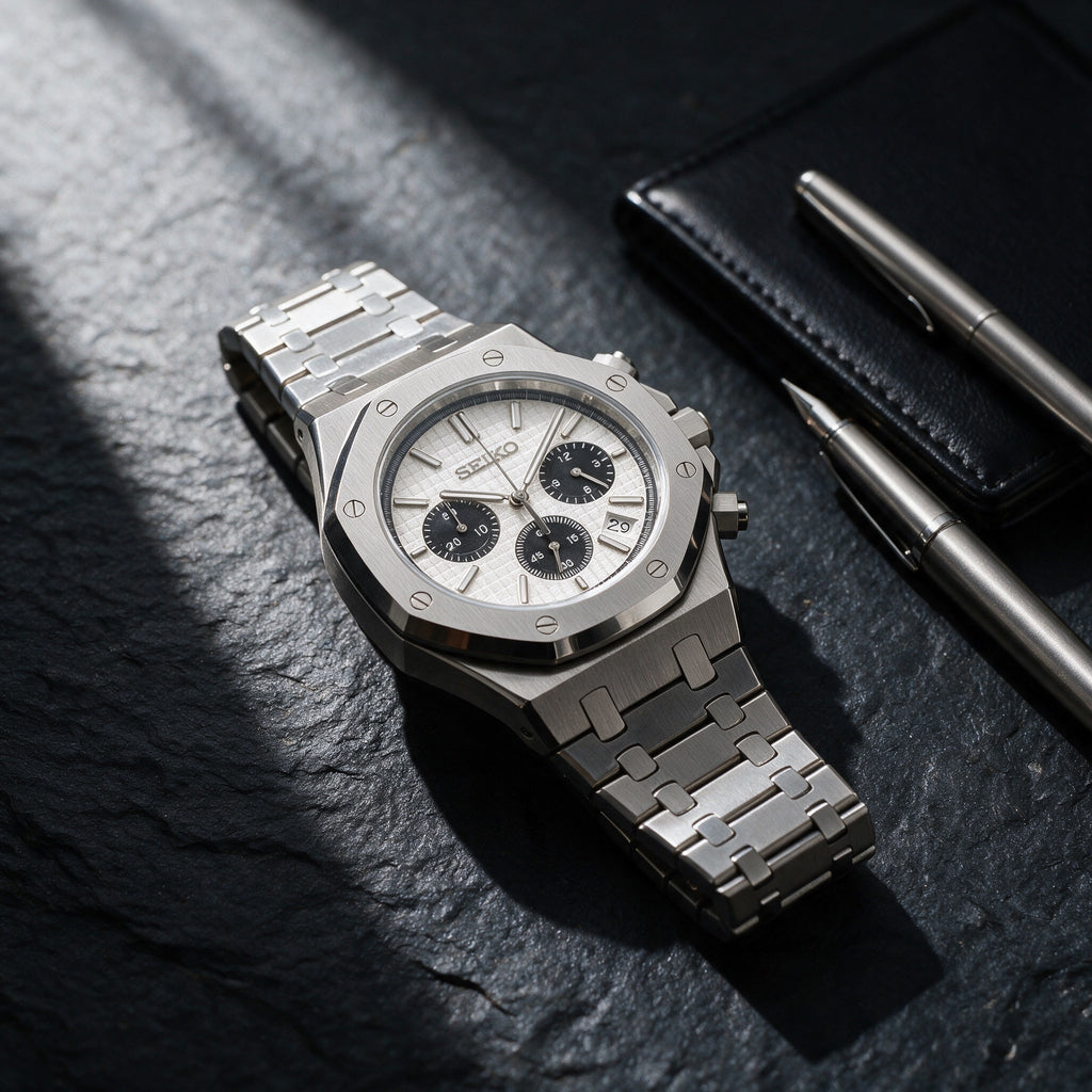 Oak Mod – Steel · White Panda Chronograph – 41mm – Chronograph – lifestyle flat lay