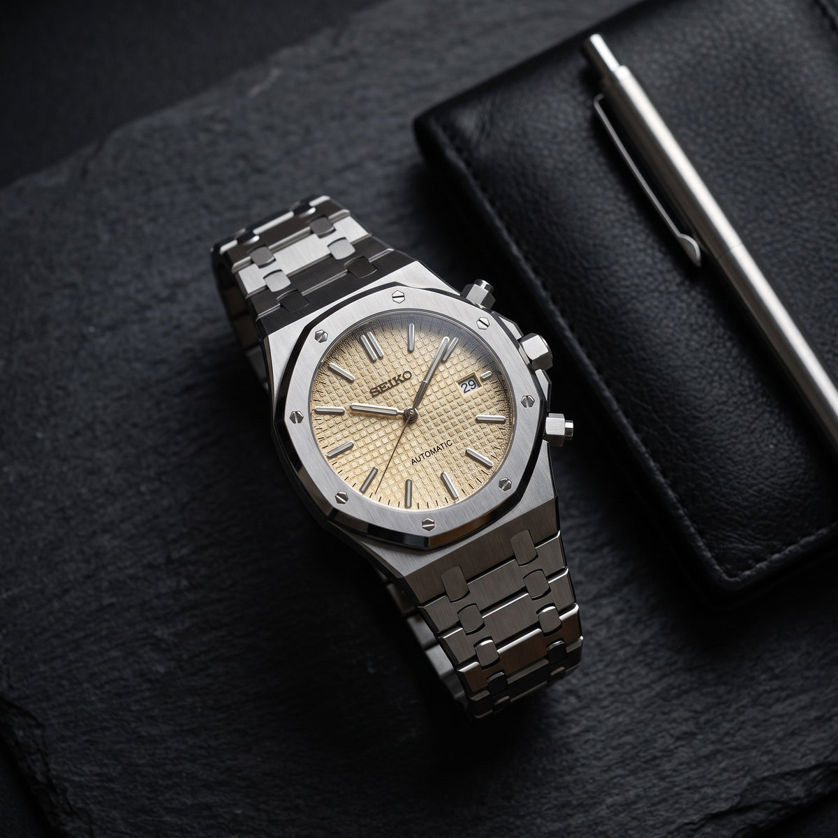 Oak Mod – Steel · Yellow Chronograph – 41mm – Chronograph – lifestyle flat lay