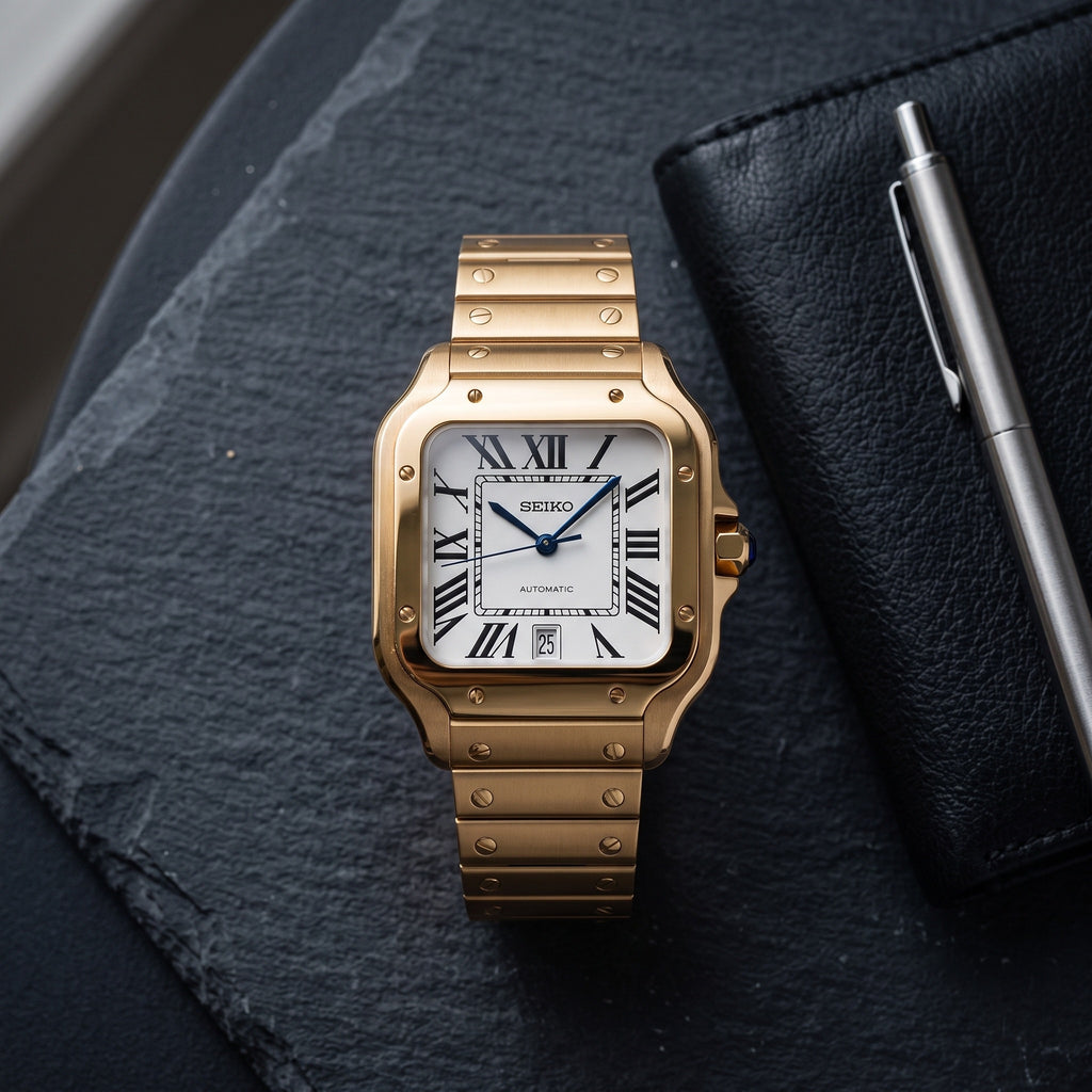 Seiktos Mod – Gold White Dial – 38mm – Automatic – lifestyle flat lay